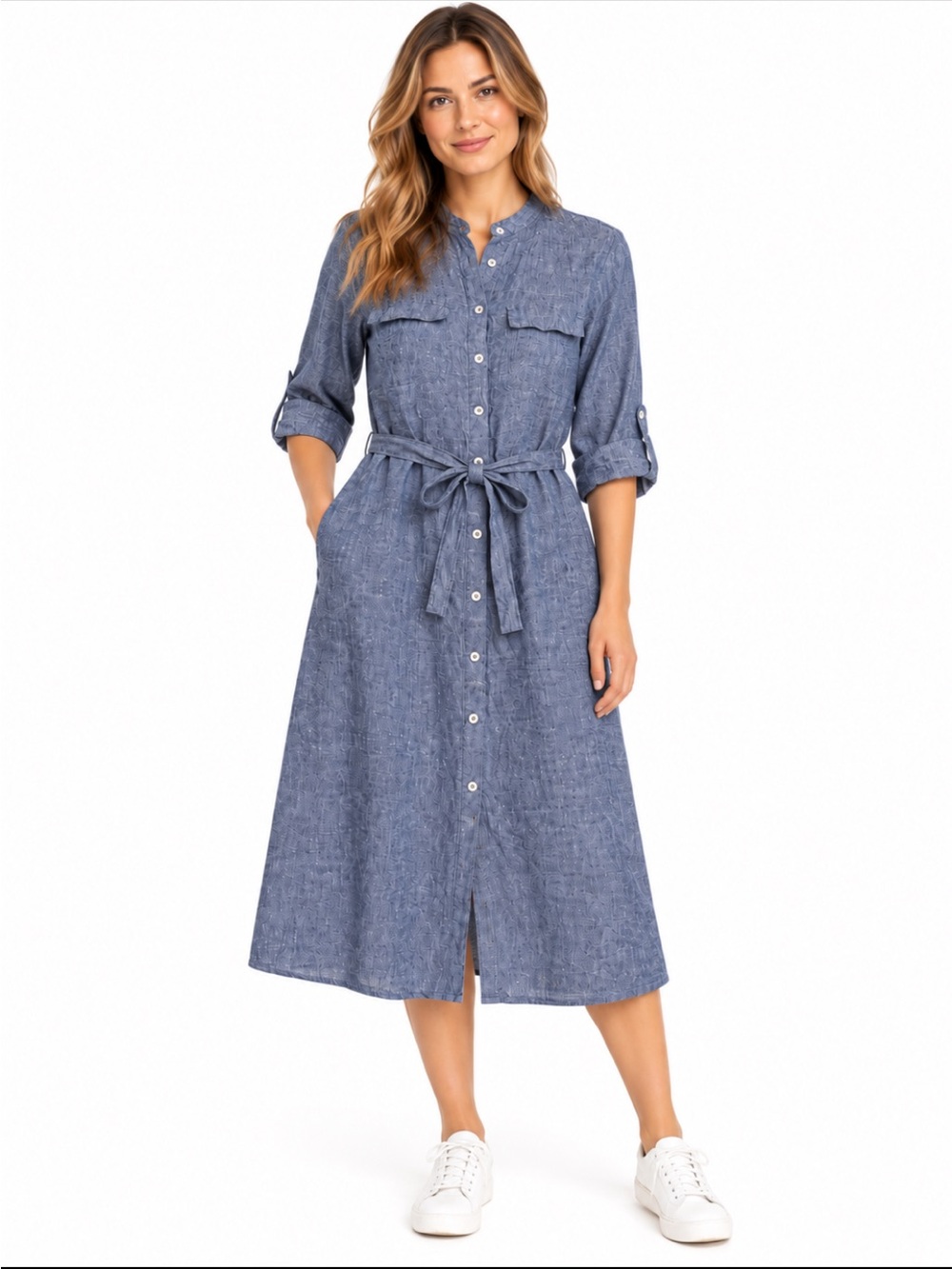 Gerry Weber 100% Linen Shirt Dress Blue Button Front Tie Waist EU 40/ US 10